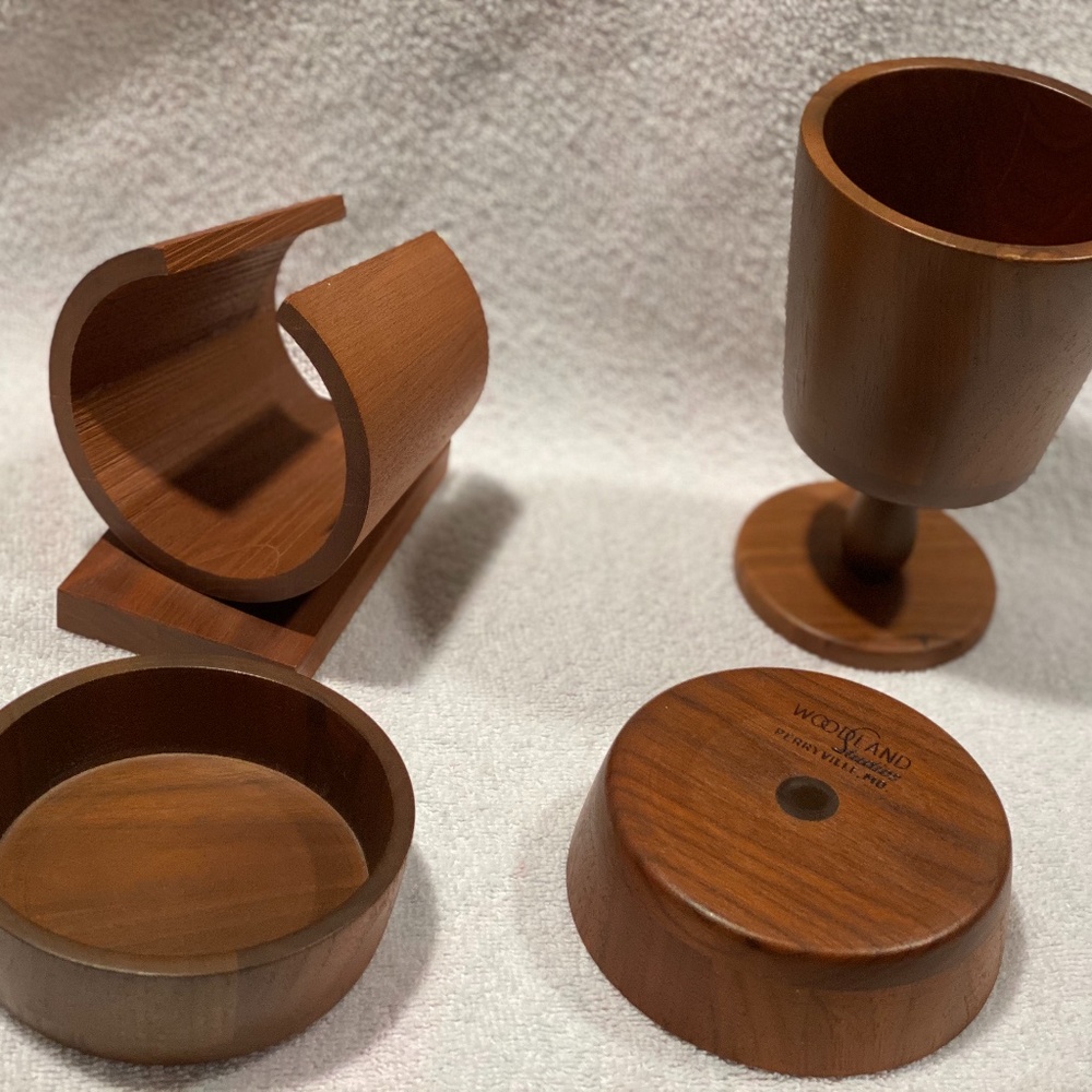 Mid-century artisan walnut 4 pc accessory ensemble